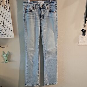 Blue Straight Leg Jeans with Distressed Details